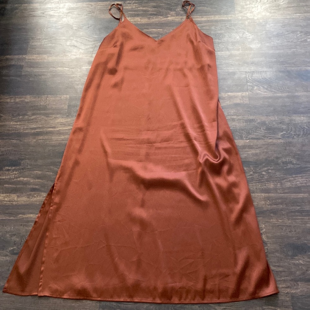 Satin Slit Midi Dress - Copper / Rust
